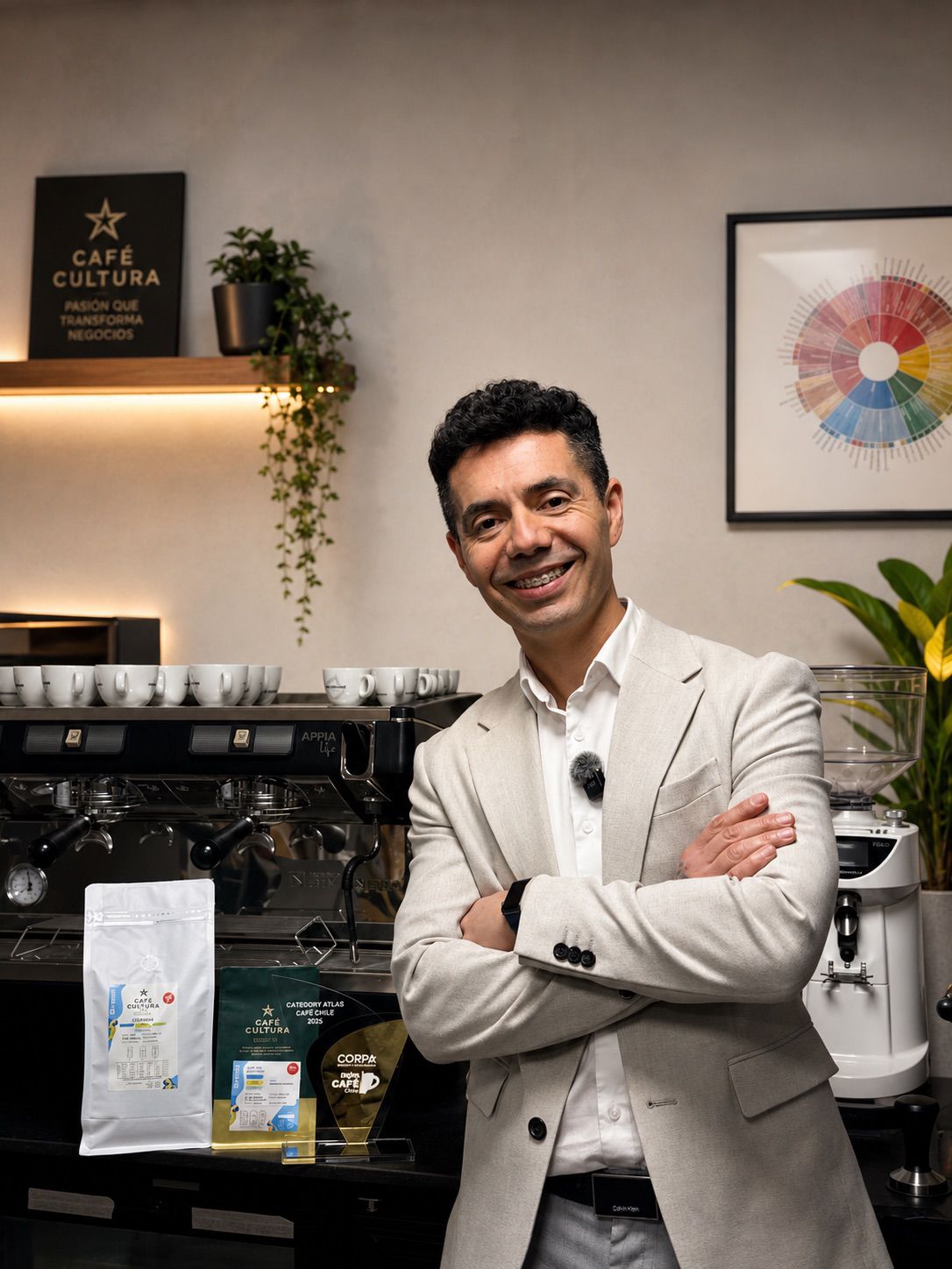 Oscar Riguer junto a maquinaria profesional Café Cultura, premios y café de especialidad